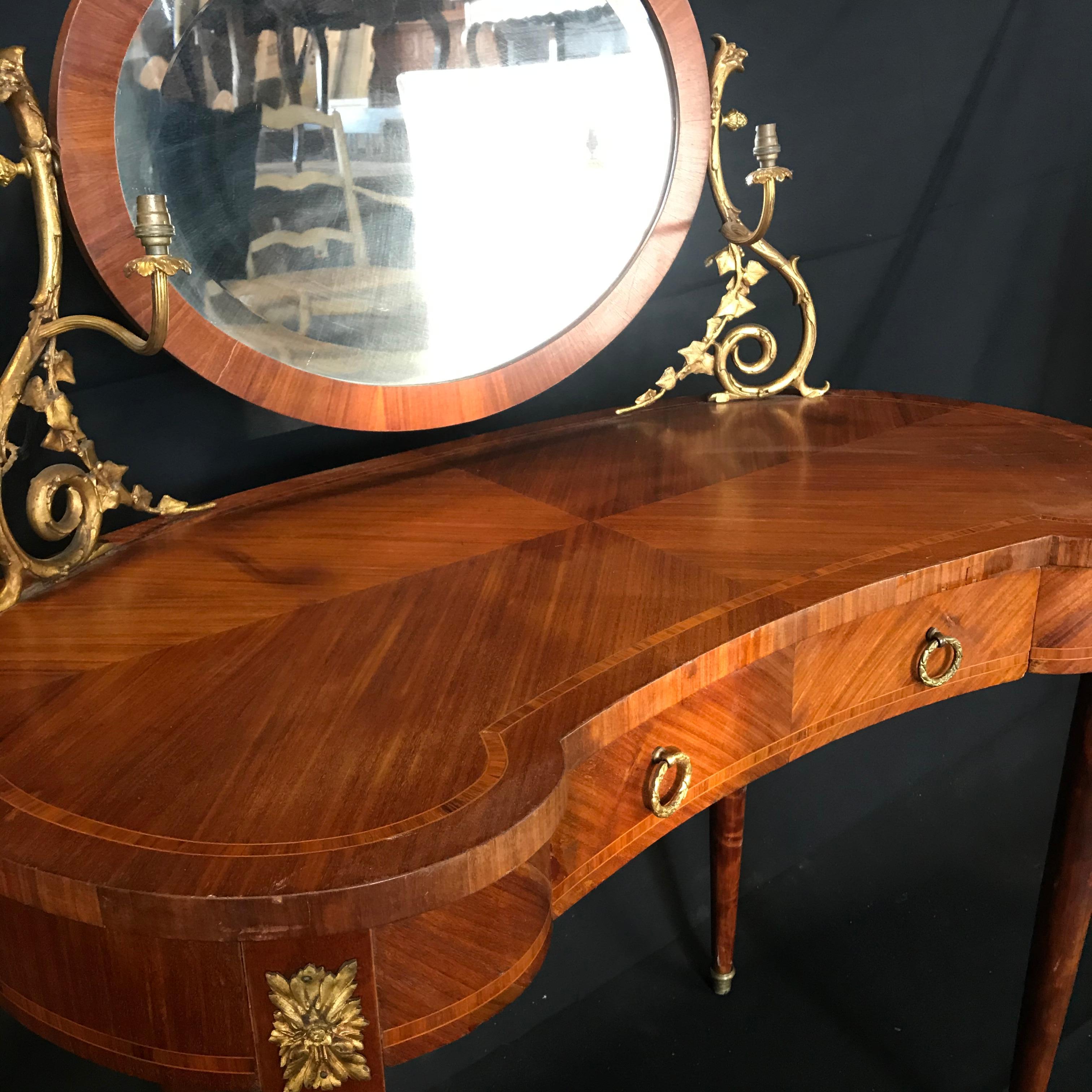 Romantic French Inlaid Walnut and Bronze Dressing Table with Candelabra Arms 8