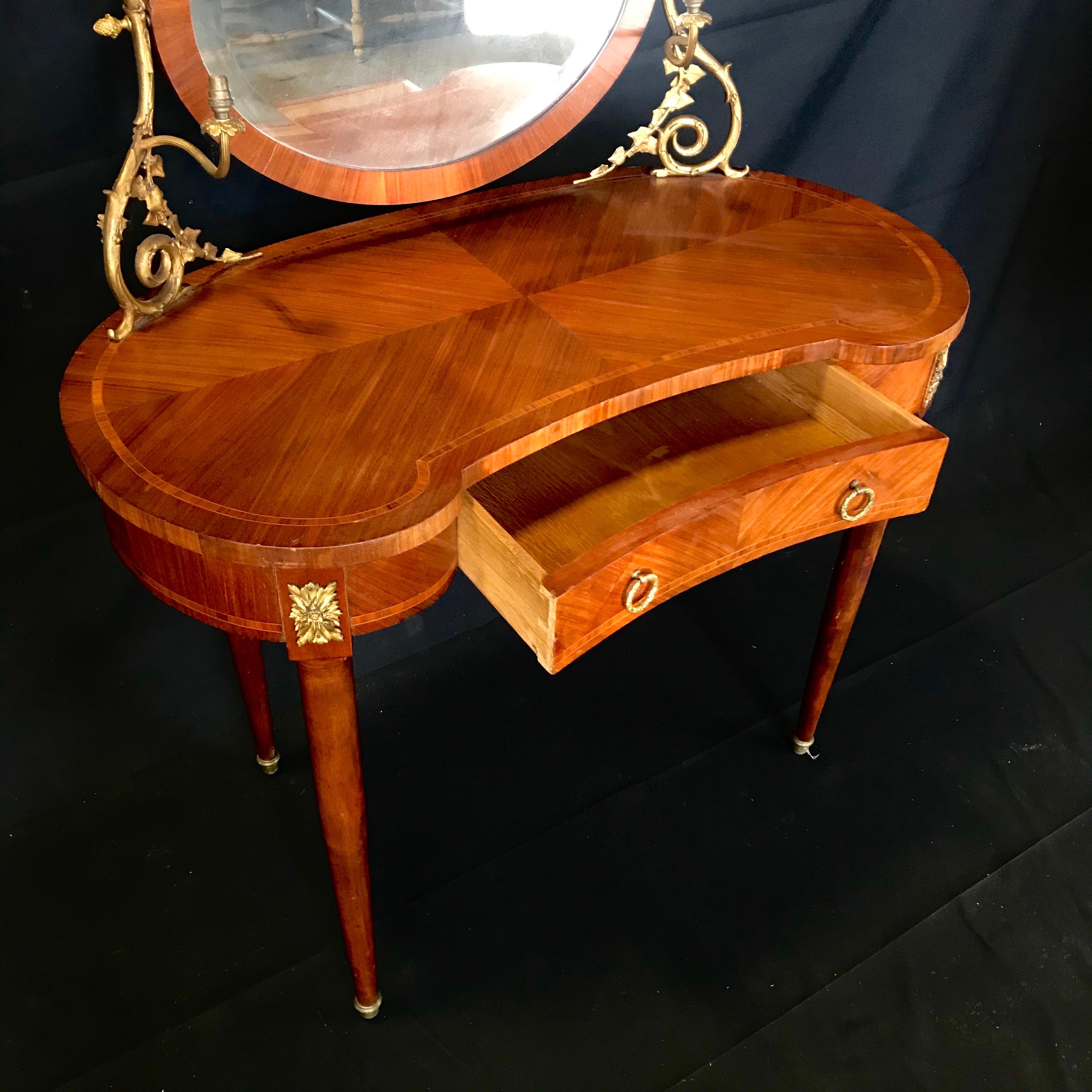 Romantic French Inlaid Walnut and Bronze Dressing Table with Candelabra Arms In Good Condition In Hopewell, NJ