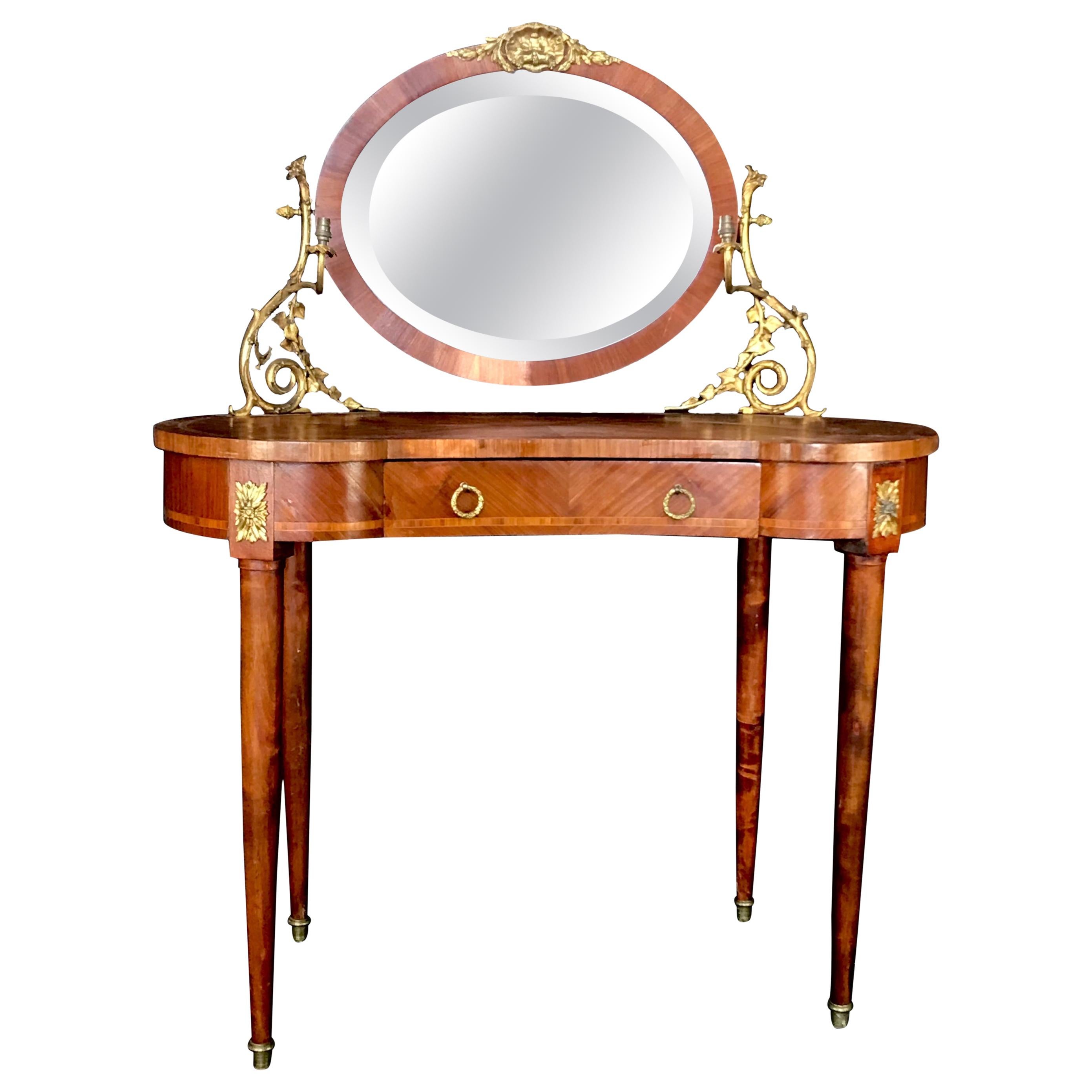 Romantic French Inlaid Walnut and Bronze Dressing Table with Candelabra Arms