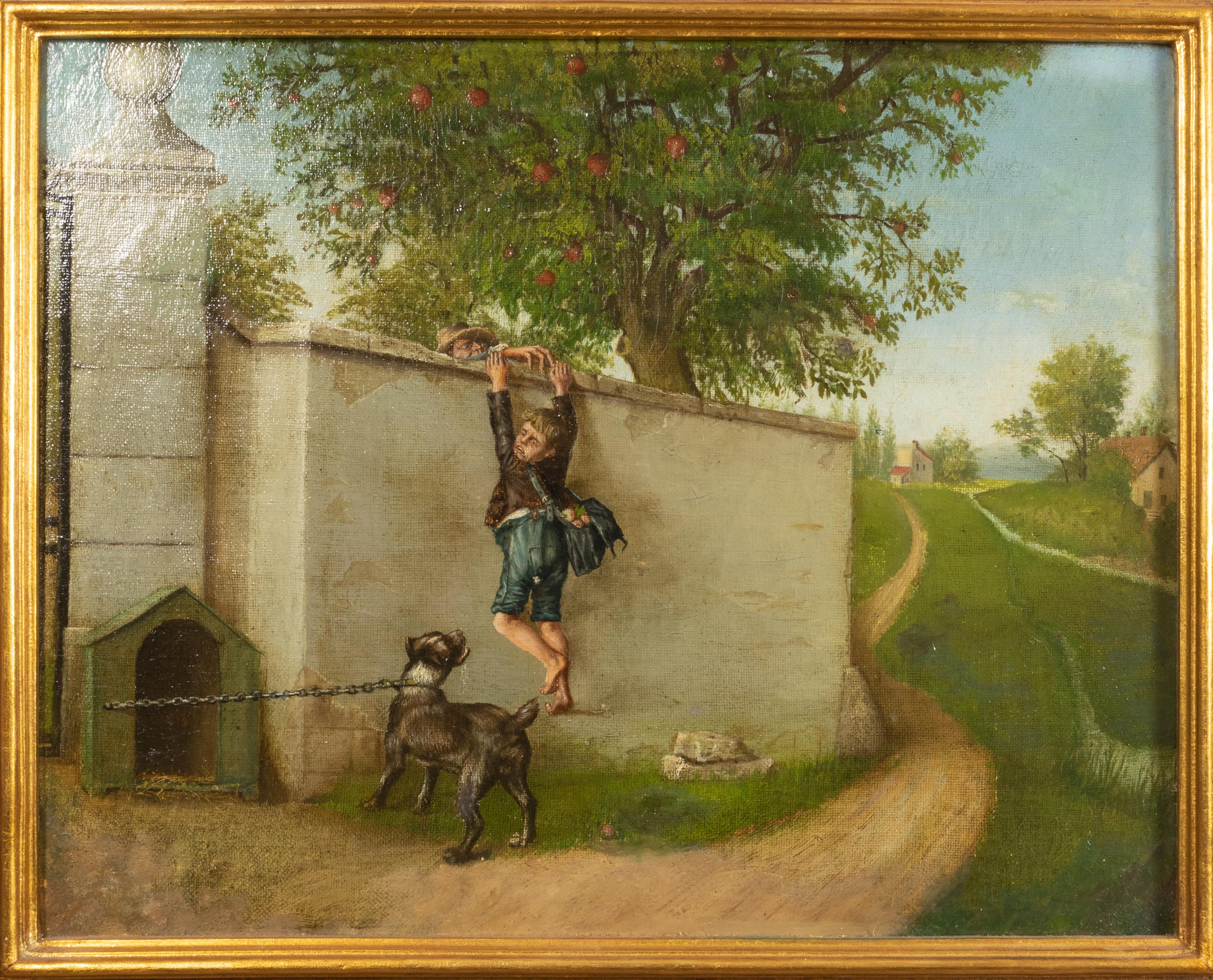 Un óleo francés del siglo XIX sobre madera que representa a un niño travieso trepando por un muro de piedra, esquivando juguetonamente a un perro guardián encadenado. 
Esta escena, pintada durante el Romanticismo, capta con encanto bucólico la