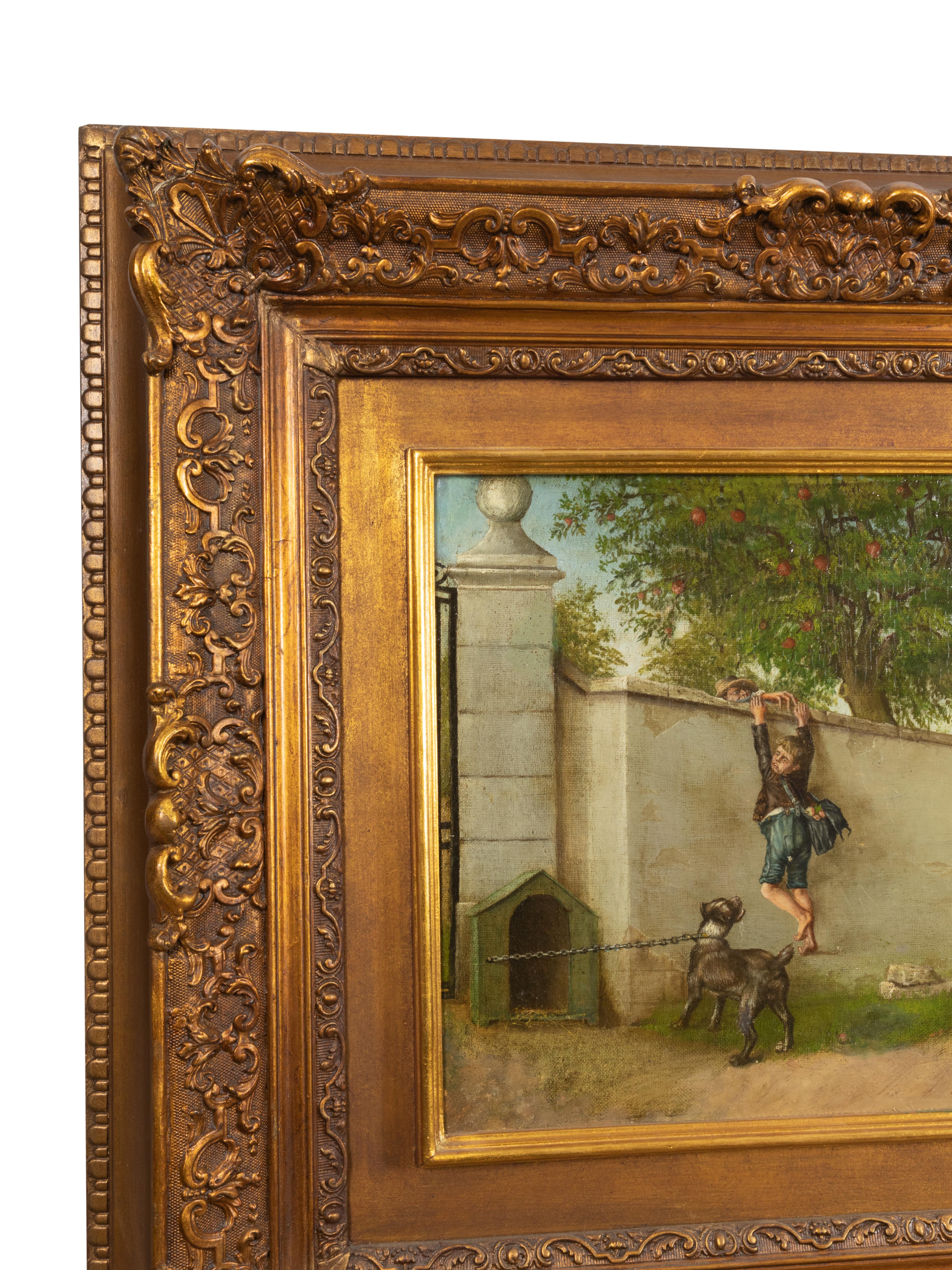 Óleo romántico francés, Chico joven, Escena de granja en la pared, Siglo XIX Romántico en venta