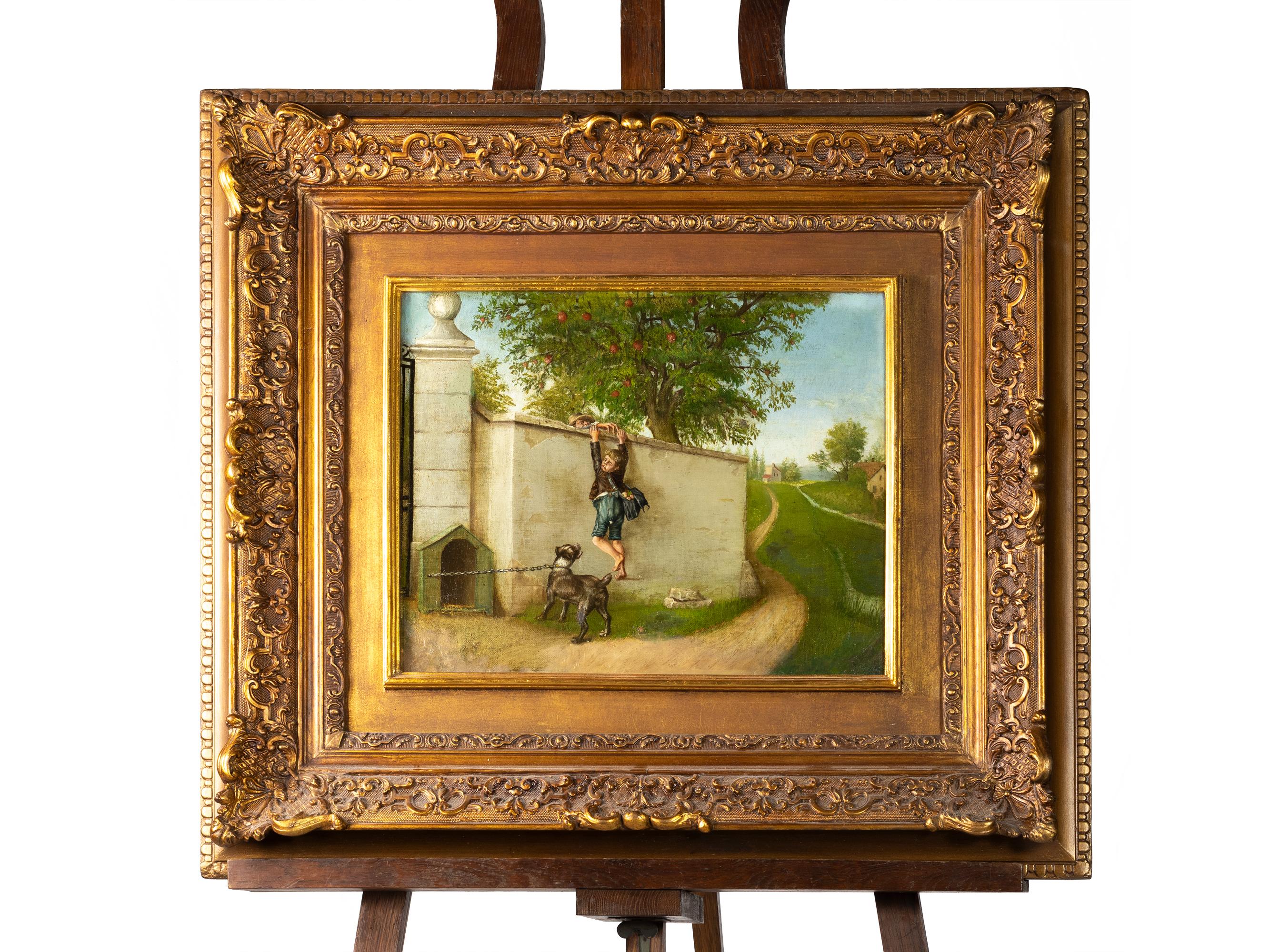 Óleo romántico francés, Chico joven, Escena de granja en la pared, Siglo XIX Francés en venta