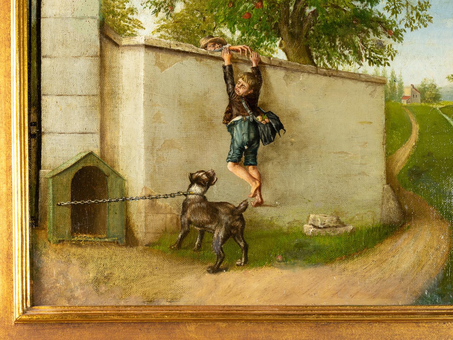Óleo romántico francés, Chico joven, Escena de granja en la pared, Siglo XIX en Bueno estado para la venta en Lisbon, PT