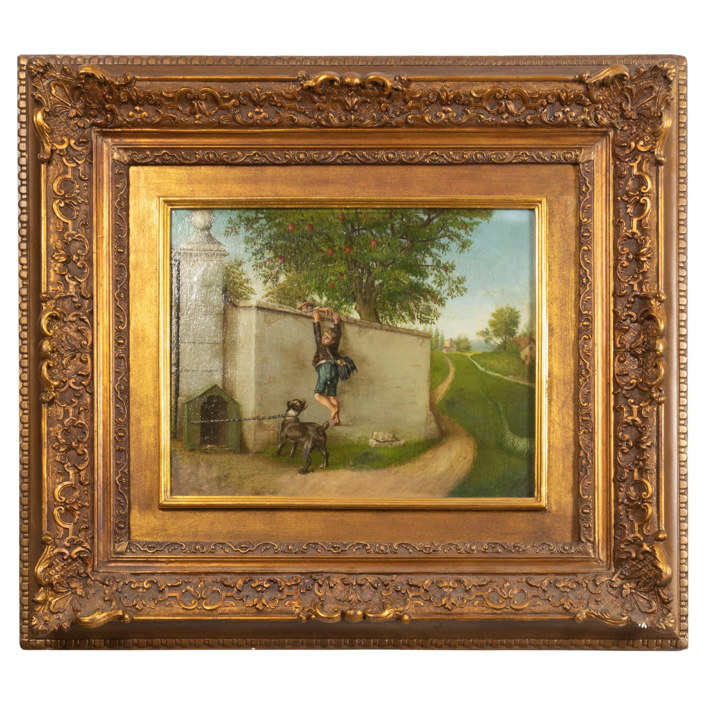 Romantic French Oil Painting, Young Boy, Farm Wall Scene, 19th Century