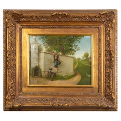 Romantic French Oil Painting, Young Boy, Farm Wall Scene, 19th Century