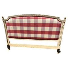 Romantic French Provincial Style Carved Wood King Headboard with Checked Fabric