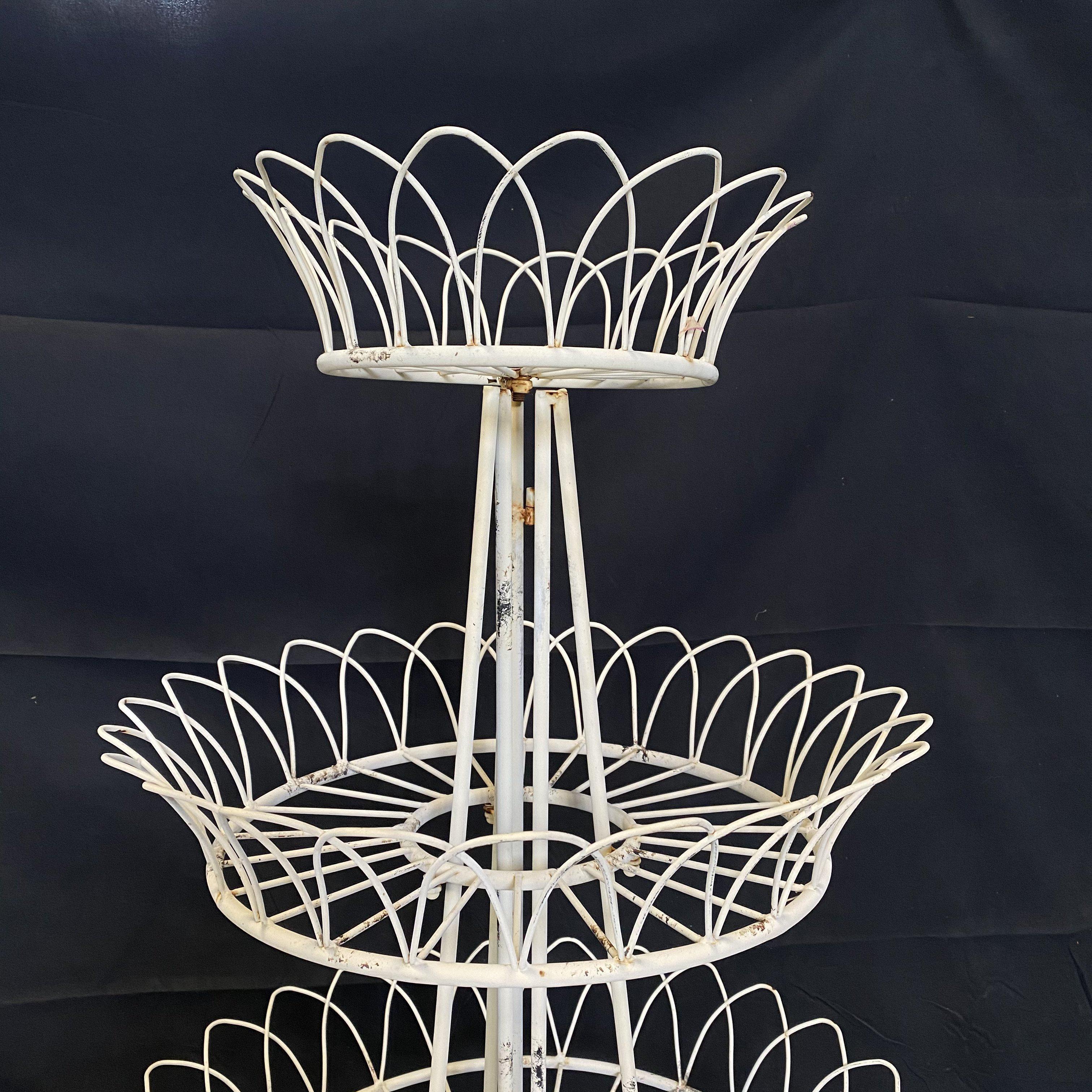 Mid-20th Century Romantic French Round Three Tier Painted Iron Wire Plant Stand For Sale