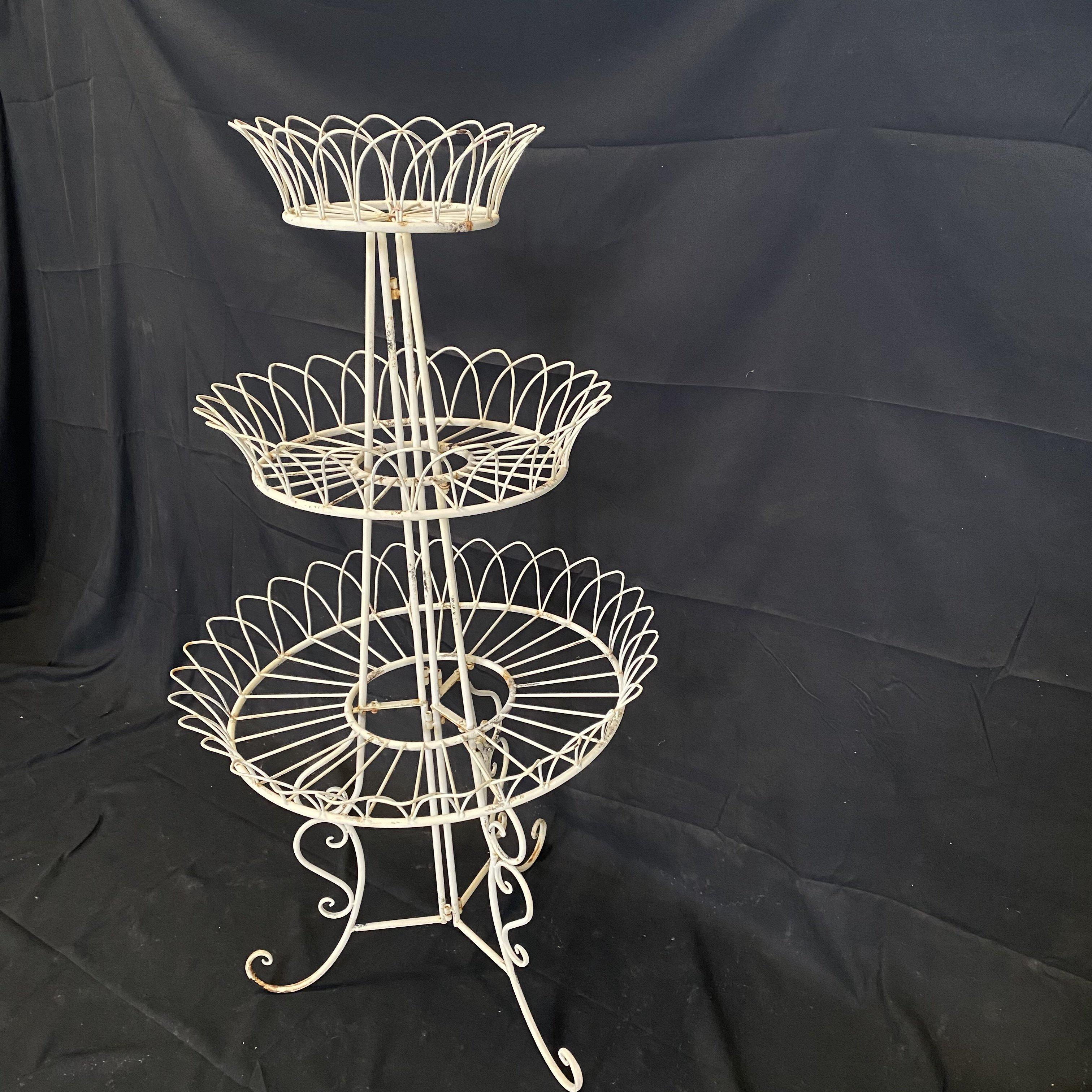 Romantic French Round Three Tier Painted Iron Wire Plant Stand For Sale 2