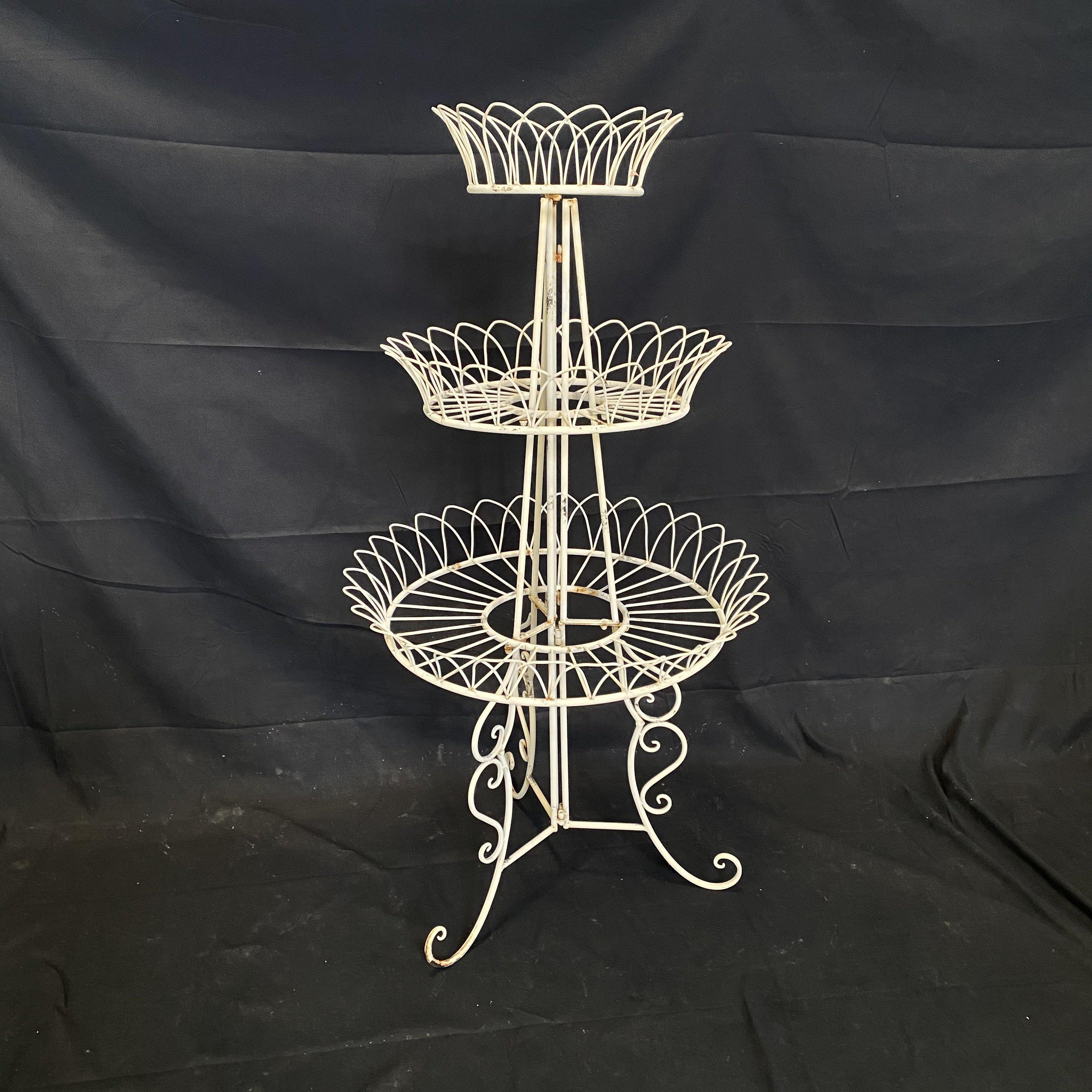 Romantic French Round Three Tier Painted Iron Wire Plant Stand For Sale 3