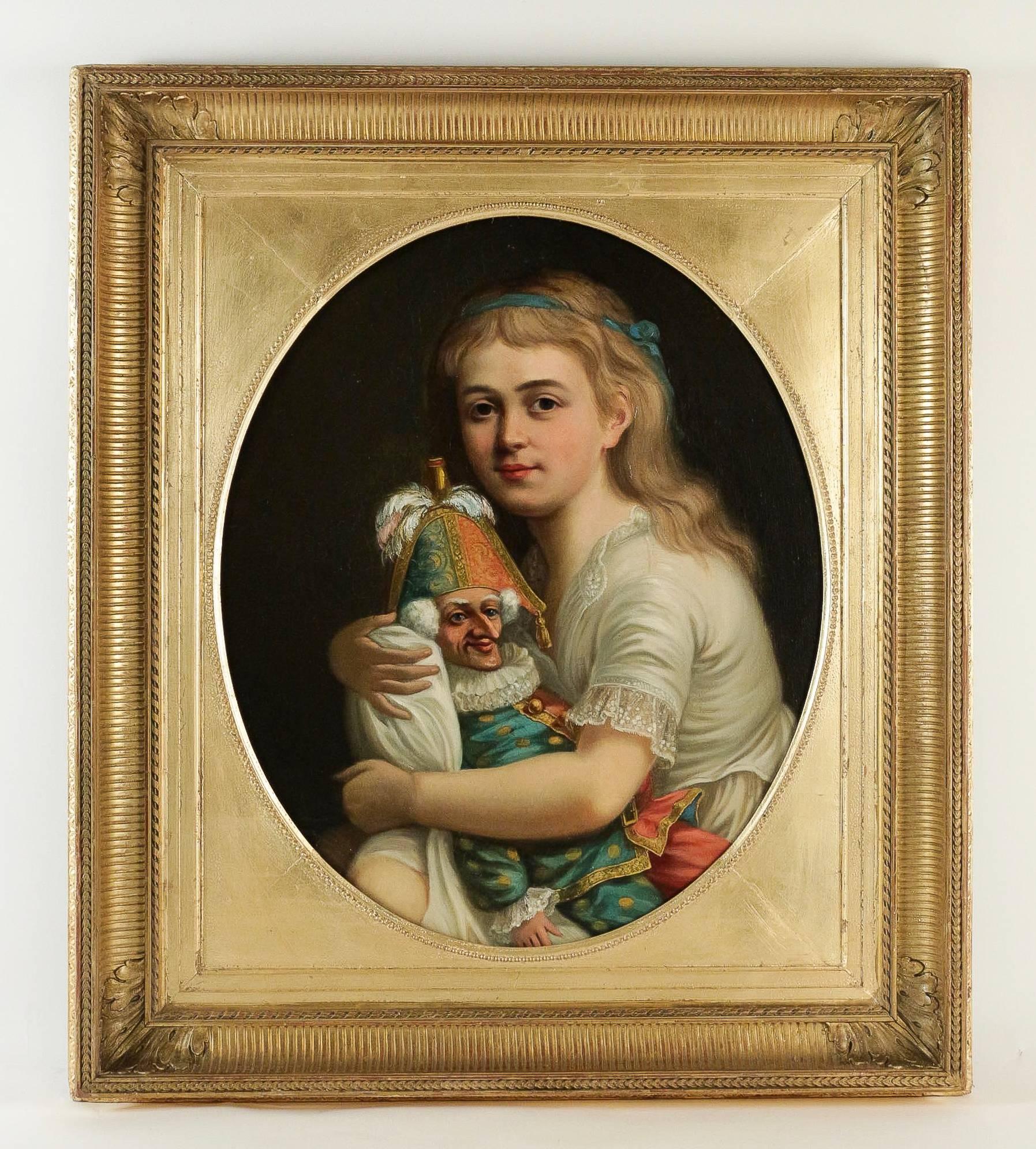 A lovely and decorative mid-19th century Romantic French school, oil on canvas.
Our painting depicts a young girl with a buffoon in his hands.

The painting is in fine original condition with a beautiful hand-carved giltwood