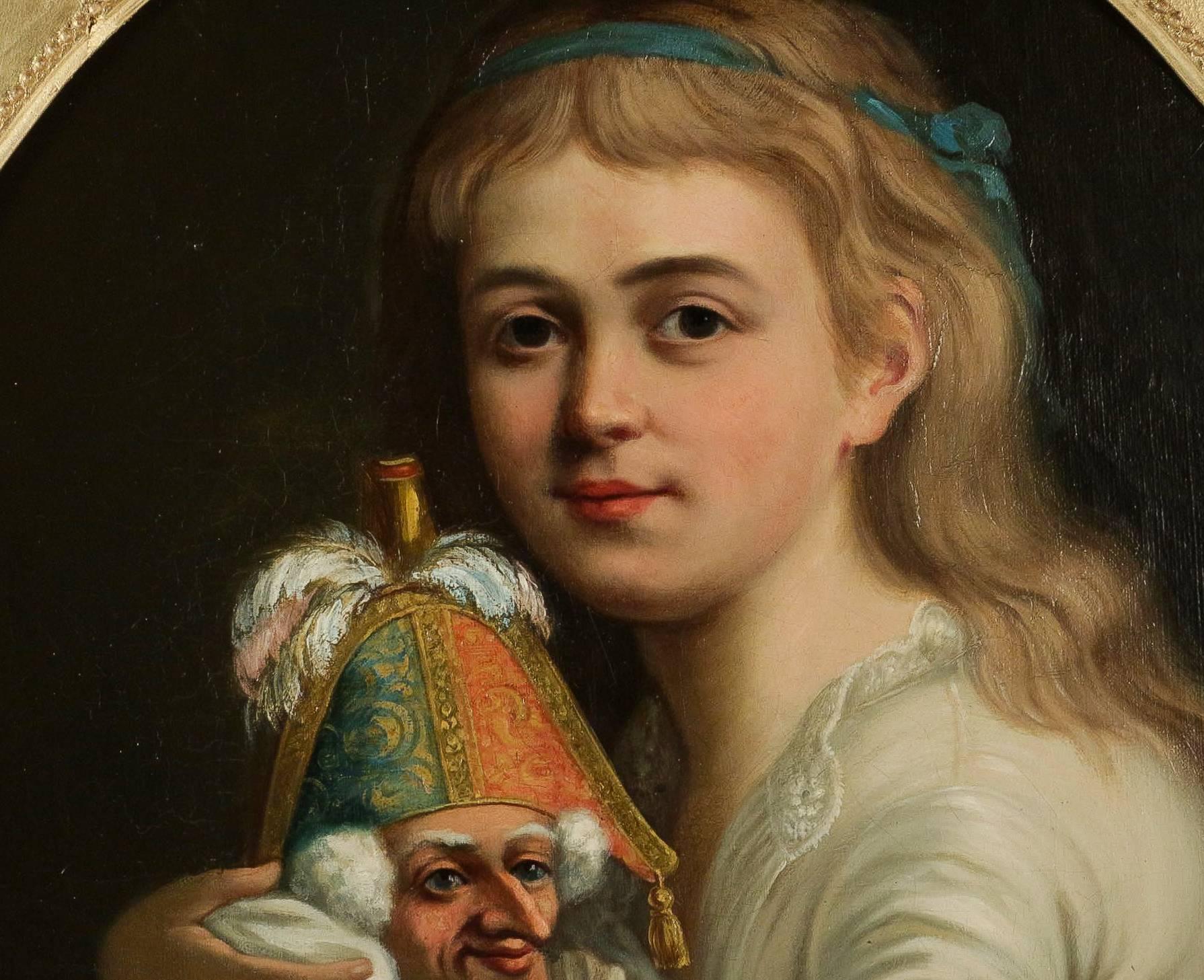 Romantic French School, the Young Girl to the Buffoon, Oil on Canvas, circa 1830 In Good Condition For Sale In Saint Ouen, FR