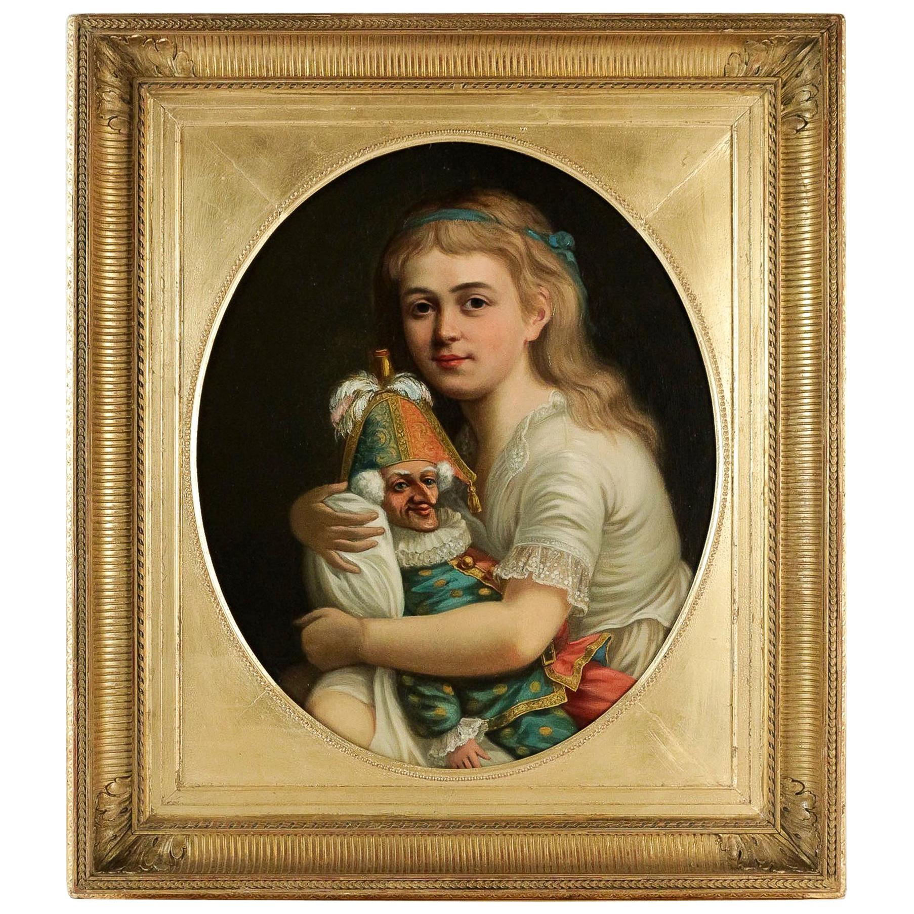 Romantic French School, the Young Girl to the Buffoon, Oil on Canvas, circa 1830 For Sale