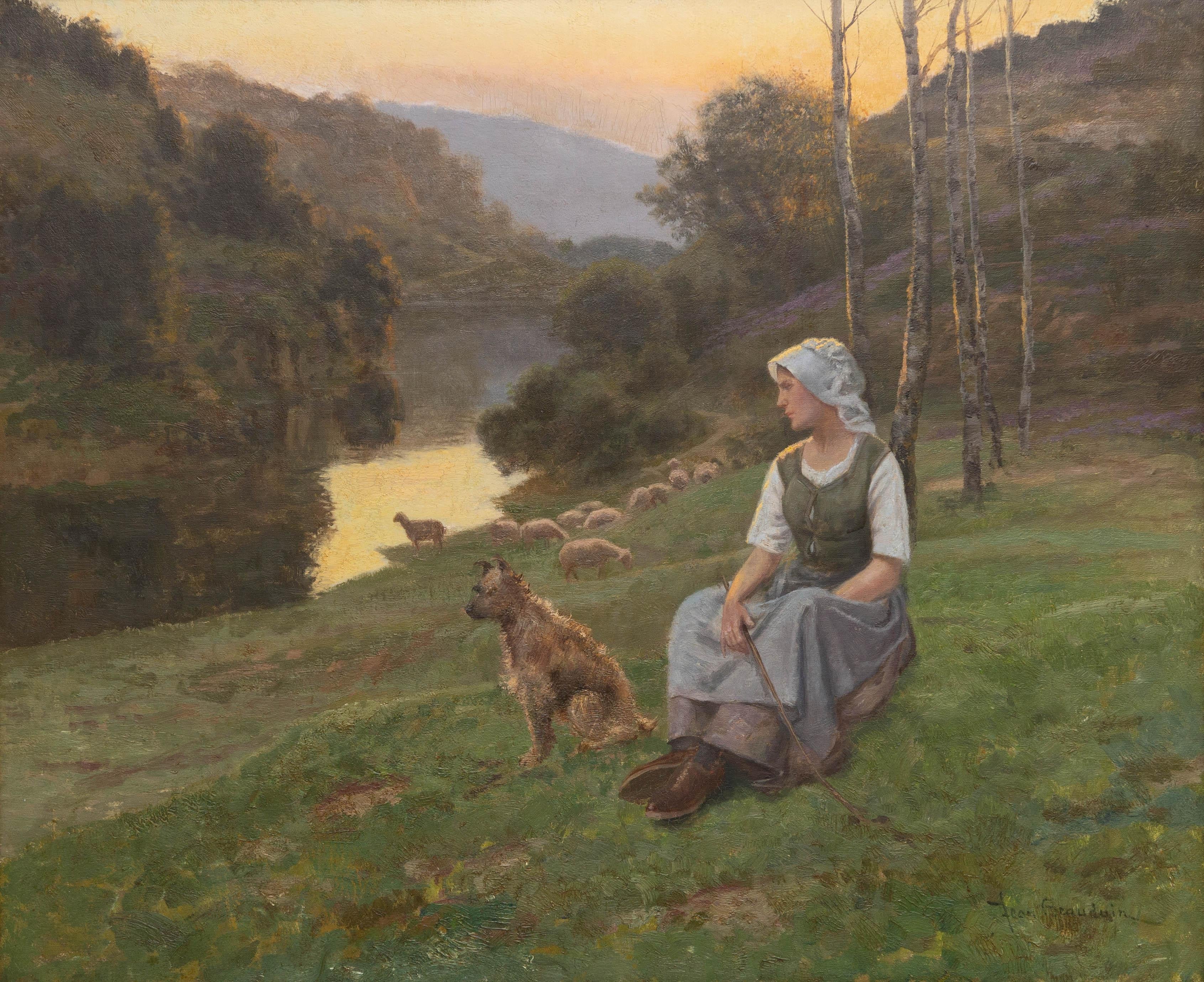 French shepherdess at twilight by Jean Beauduin (1851-1916). Oil on canvas mounted on board. Original Barbizon frame. I believe the dog is a Berger Picard. The Berger Picard or Picardy Shepherd is a French herding originating in Picardy. These dogs