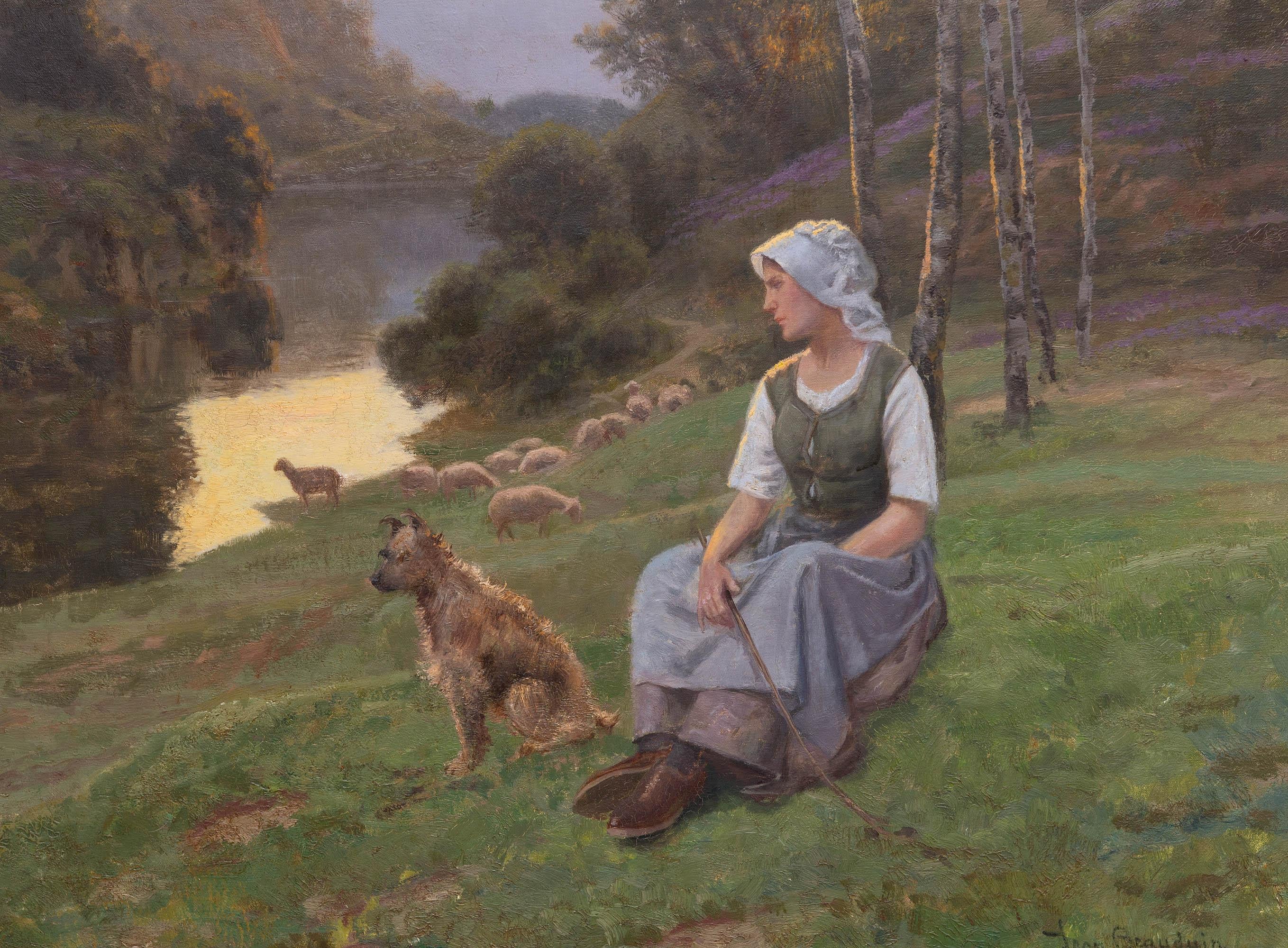 Romantic French Shepherdess 19th Century Painting by Jean Beauduin In Good Condition For Sale In Rochester, NY