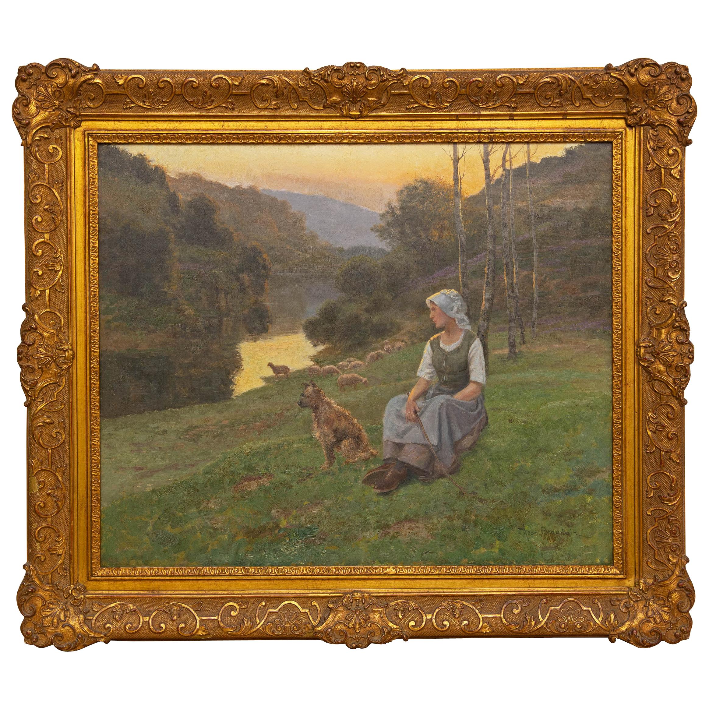 Romantic French Shepherdess 19th Century Painting by Jean Beauduin