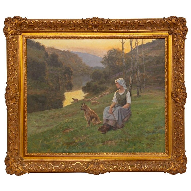 Romantic French Shepherdess 19th Century Painting by Jean Beauduin For Sale  at 1stDibs