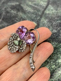 Romantische Französisch "Thinking of You" Diamant geschnitzt Amethyst Emaille 18K Gold Brosche