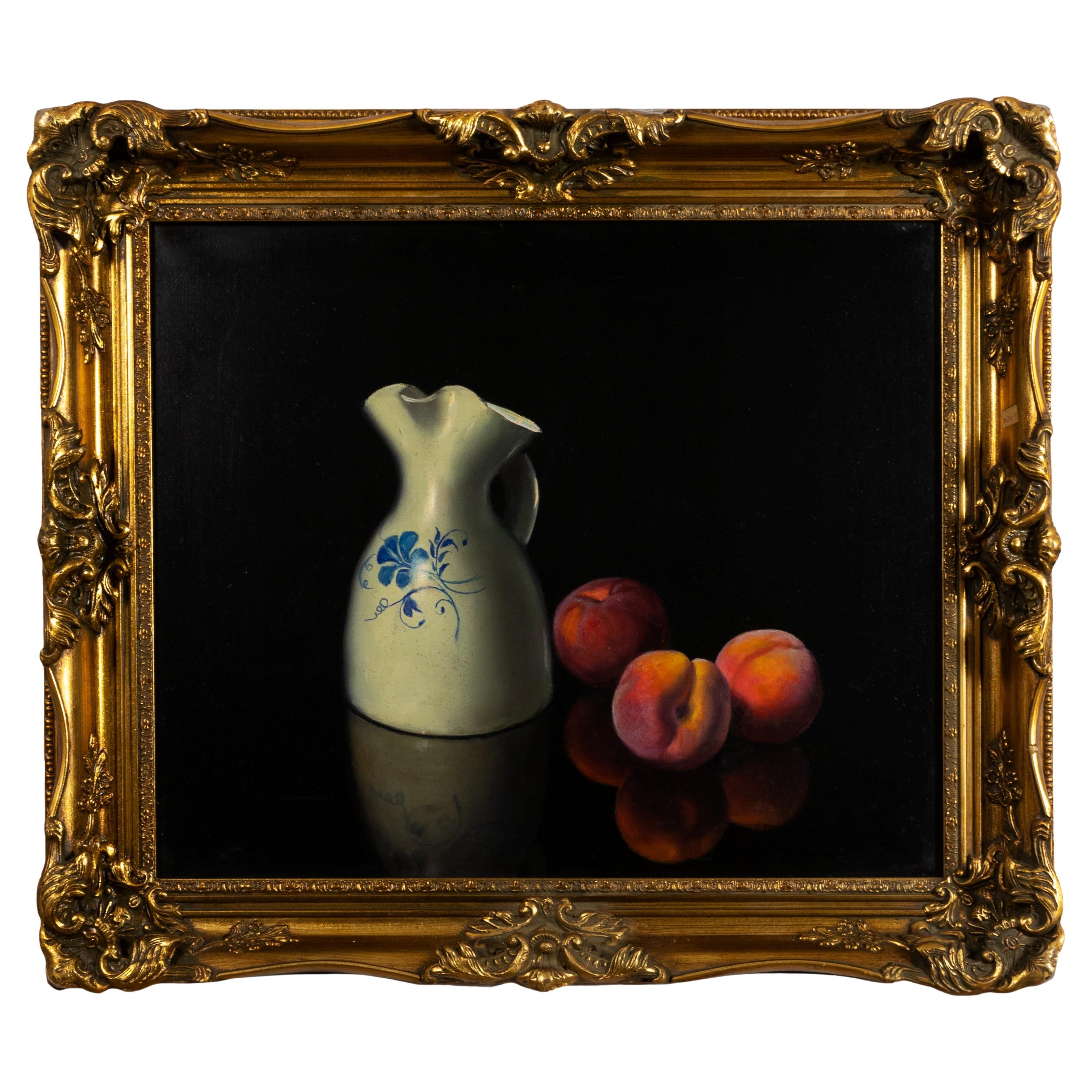Still Life Painting of Peaches and Jug, Romantic, 19th Century, Gilt Frame For Sale