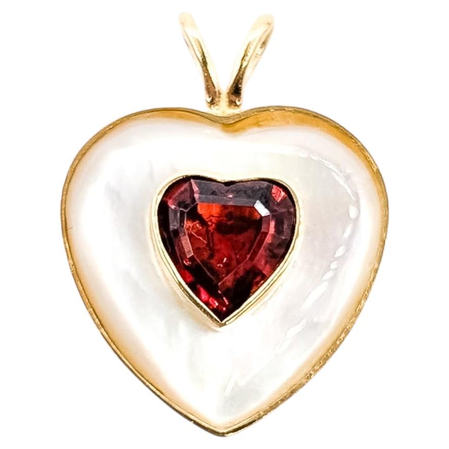 Romantic Garnet & Mother-of-Pearl Heart Pendant in 14k Yellow Gold