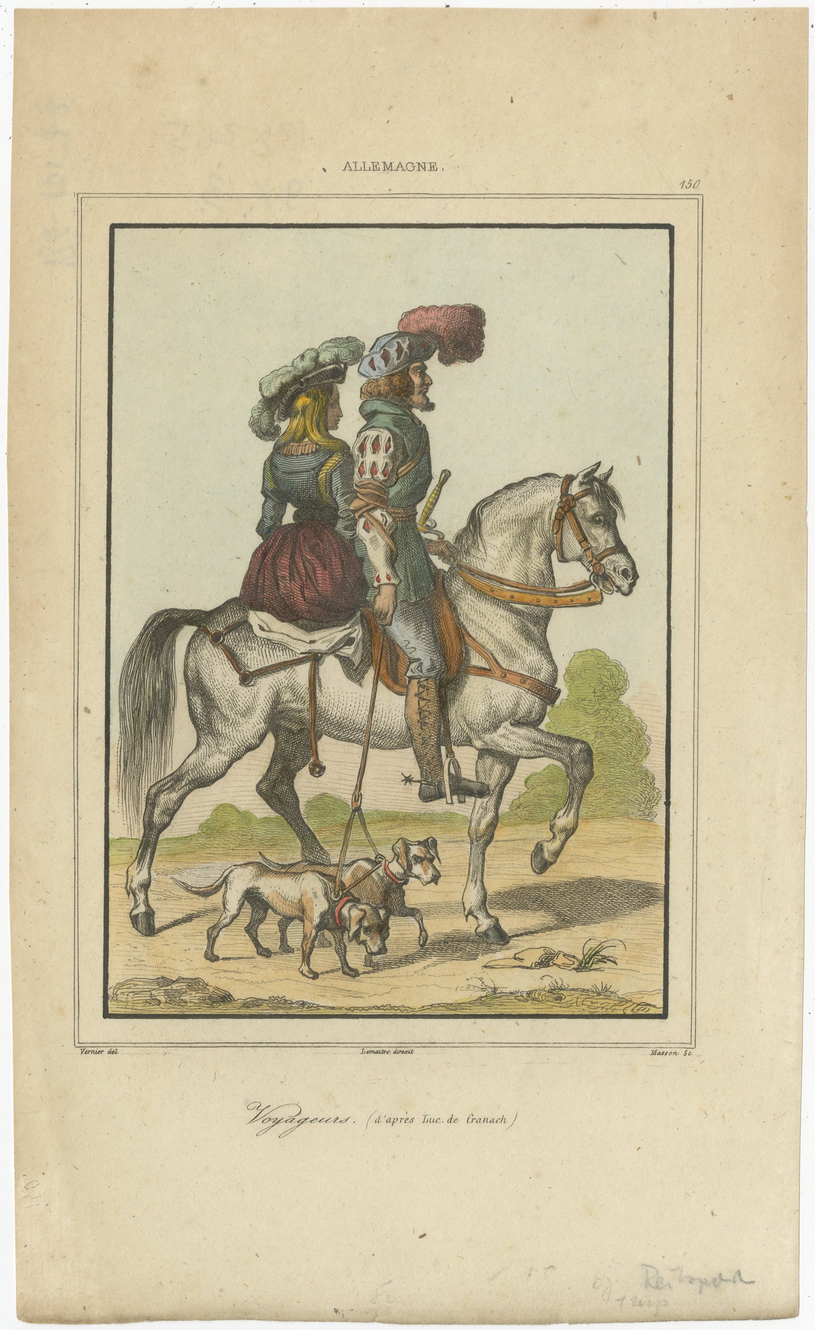 German Travelers - After Lucas Cranach, 1840 - Hand-Colored 19th Century Engraving

This charming hand-colored engraving, titled 