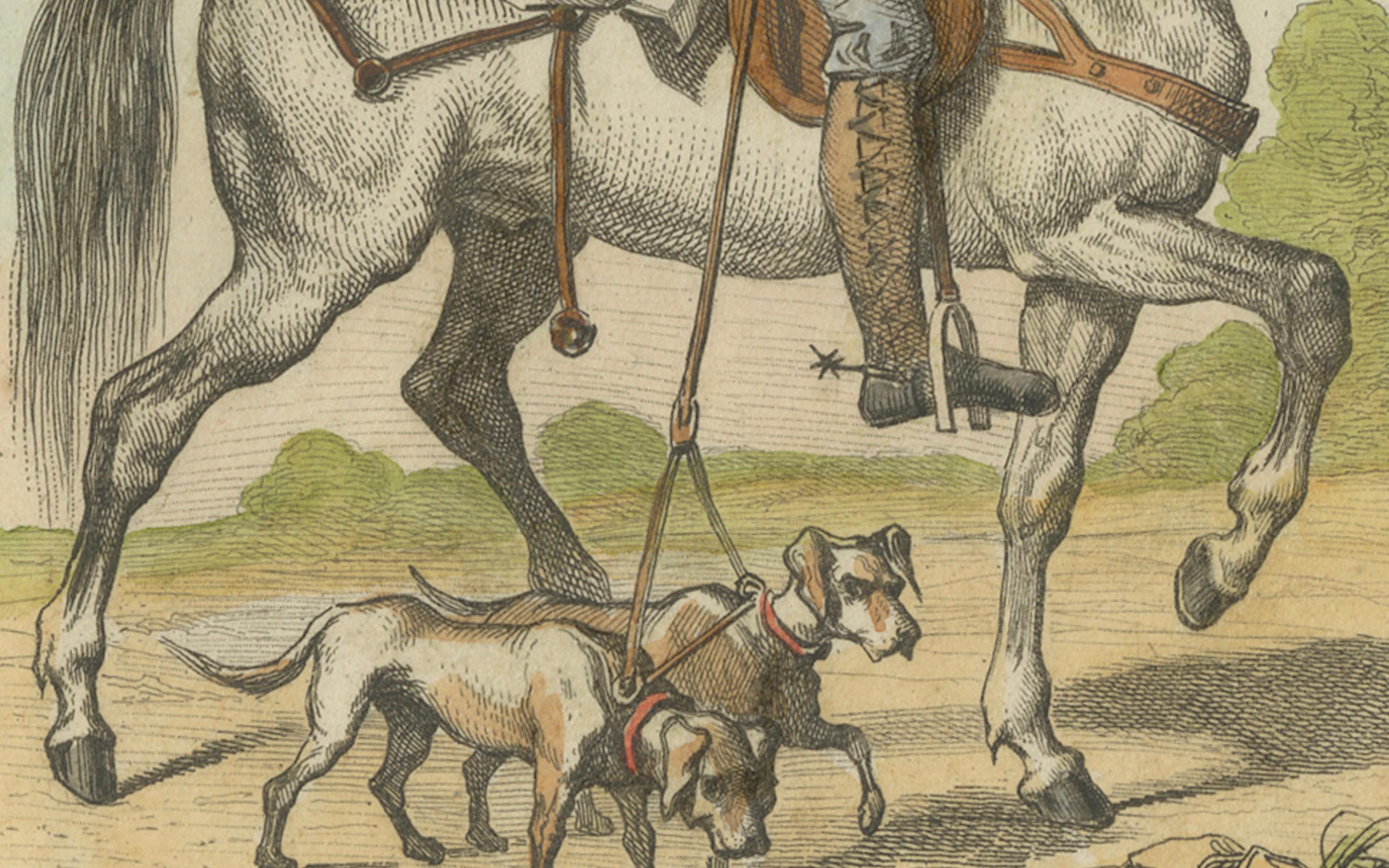 Engraved Romantic German Travelers on Horseback - 1840 Hand-Colored Engraving For Sale