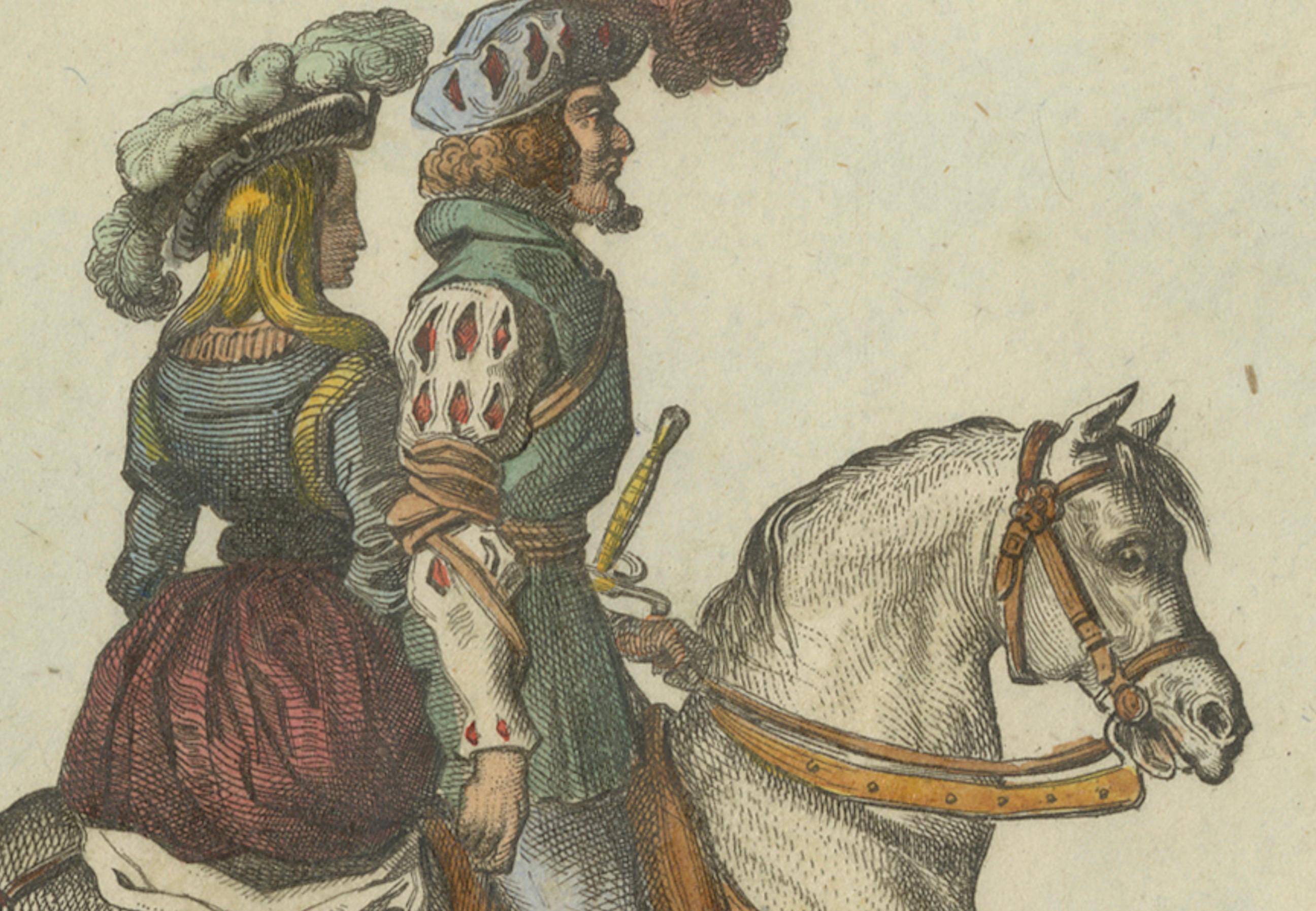 Romantic German Travelers on Horseback - 1840 Hand-Colored Engraving In Good Condition For Sale In Langweer, NL