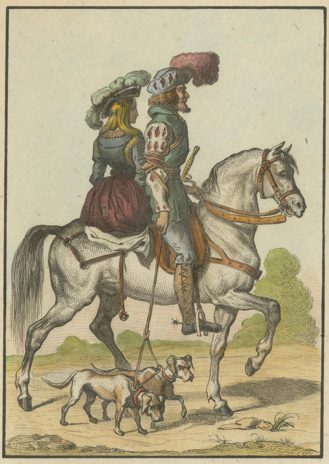Mid-19th Century Romantic German Travelers on Horseback - 1840 Hand-Colored Engraving For Sale