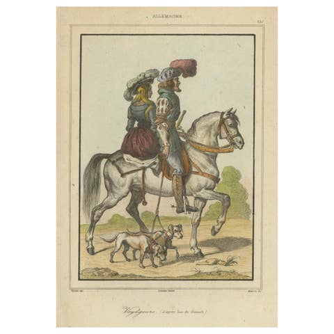 Romantic German Travelers on Horseback - 1840 Hand-Colored Engraving