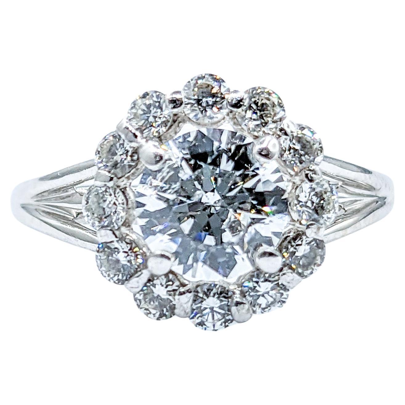 Romantic GIA .84ct Halo Engagement Ring in 18k White Gold For Sale