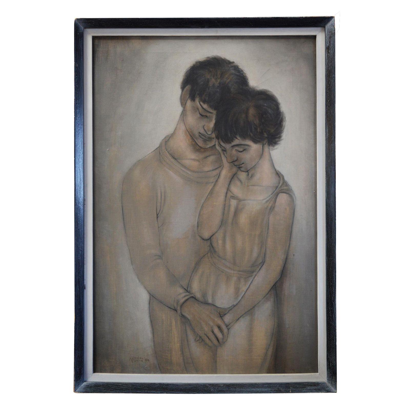 This romantic feeling oil painting of two young lovers is finished in thin washes of earth tones. Signed 