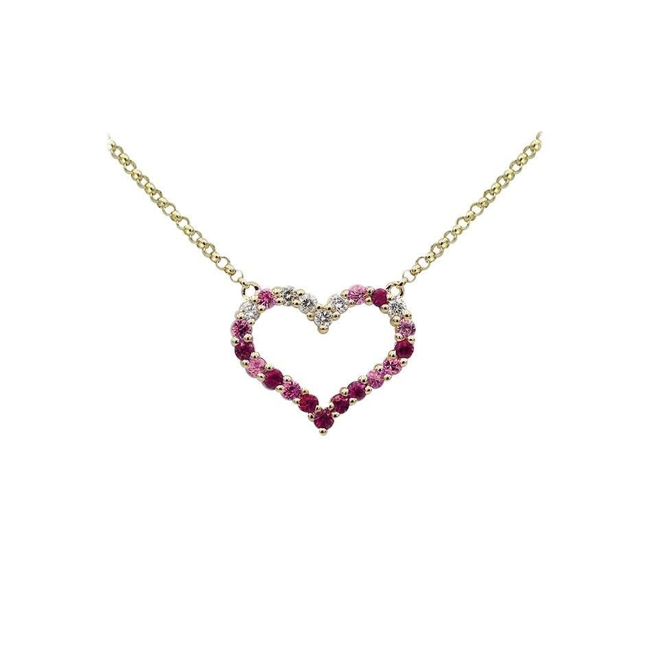 Taille ronde cadeau romantique collier cœur Emprty en or rose avec rubis, saphirs roses et diamants en vente