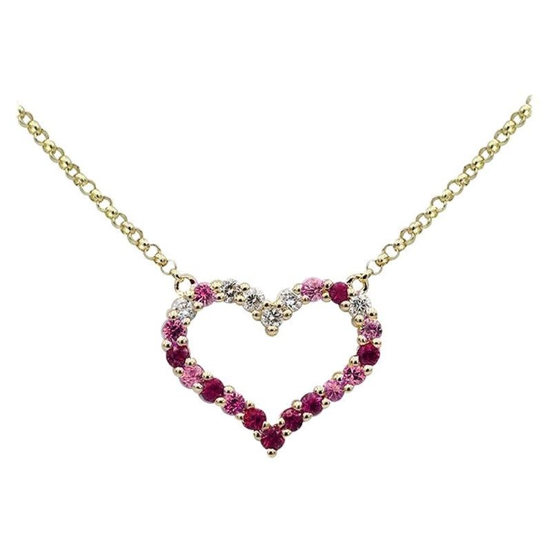 cadeau romantique collier cœur Emprty en or rose avec rubis, saphirs roses et diamants en vente