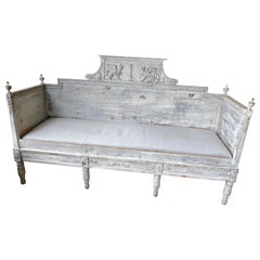 Antique Romantic Gustavian Painted Wood Large Carved Settee Sofa