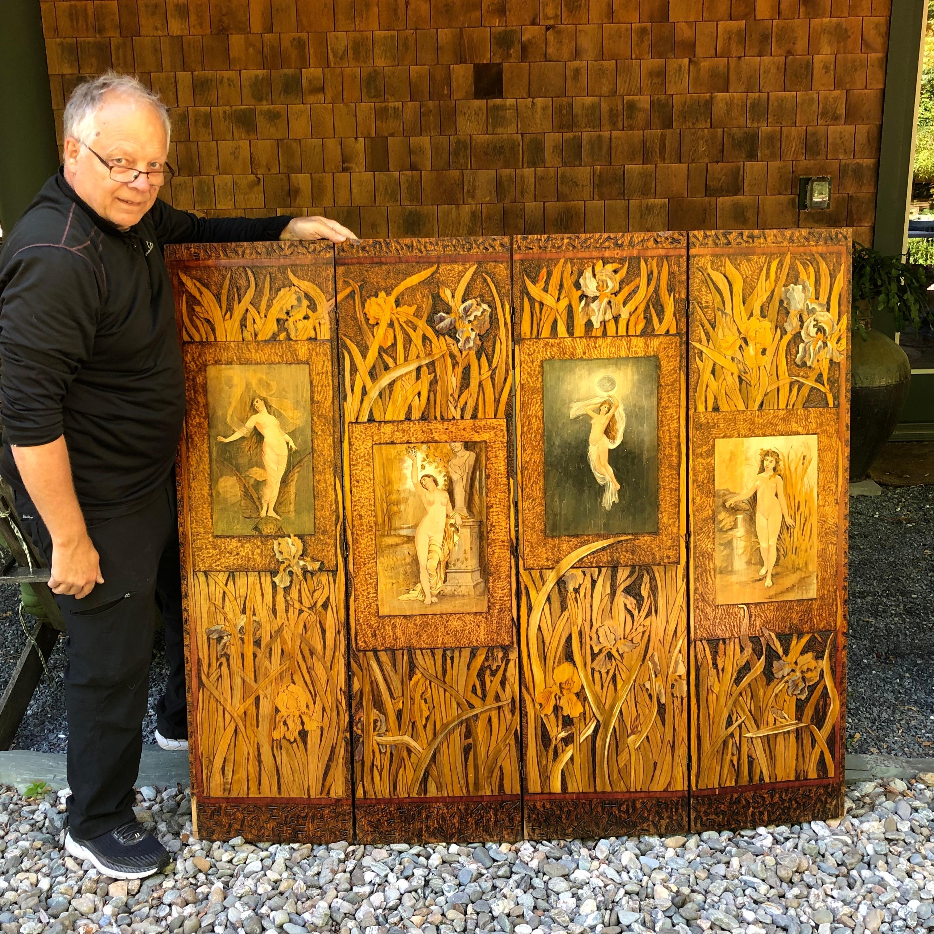 From an important thirty year old New England collection of hand decorated pyrography Arts & Crafts furnishings.

Unique work of art with a Rhode Island origin.

A romantic four panel Screen “Four Seasons”, painting and pyrography on wood