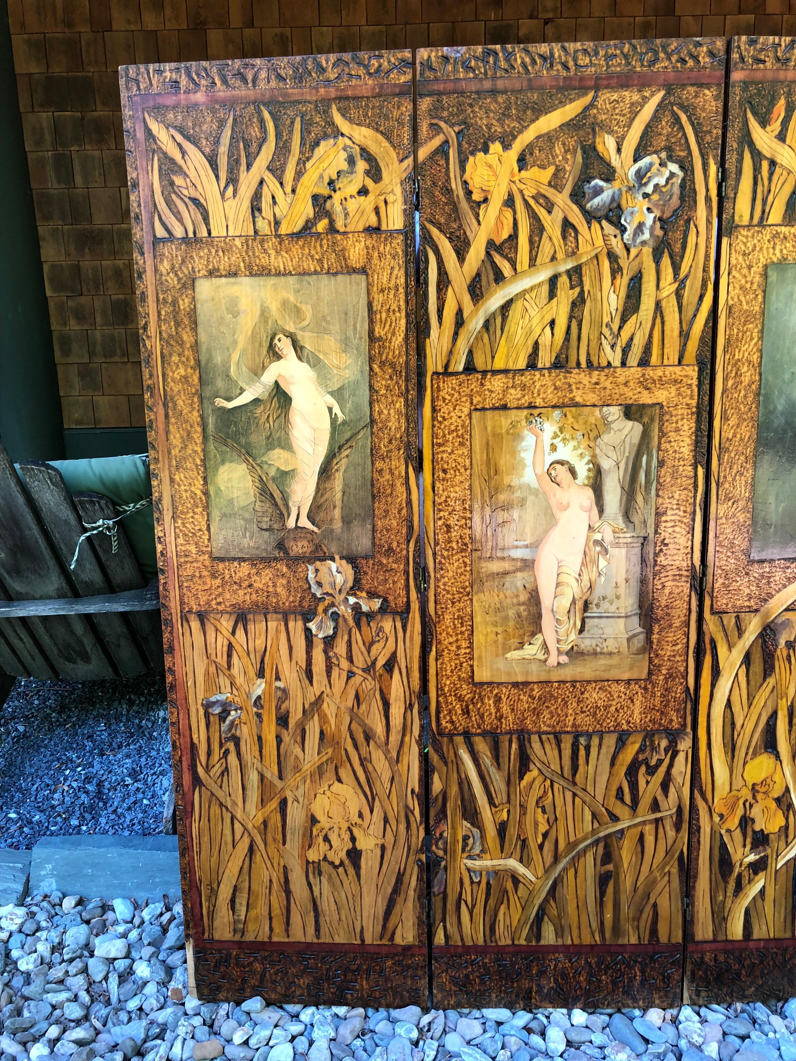 Arts and Crafts Romantico paravento in legno decorato a mano 