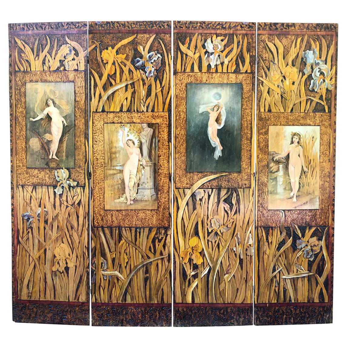 Romantischer handdekorierter „Four Seasons“-Raumteiler aus Holz, Rhode Island, Arts & Crafts