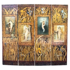 Antique Romantic Hand Decorated "Four Seasons" Arts & Crafts Wood Screen Rhode Island