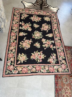 Romantic Hand Knotted Area Rug with Soft Pink & Green Flowers Against Black