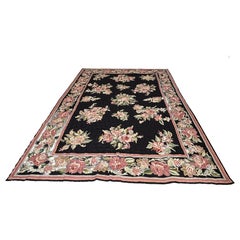 Romantic Hand Knotted Area Rug with Soft Pink & Green Flowers Against Black