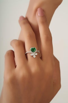 Romantic Heart Emerald and Diamond Statement Cocktail Ring in 18K White Gold