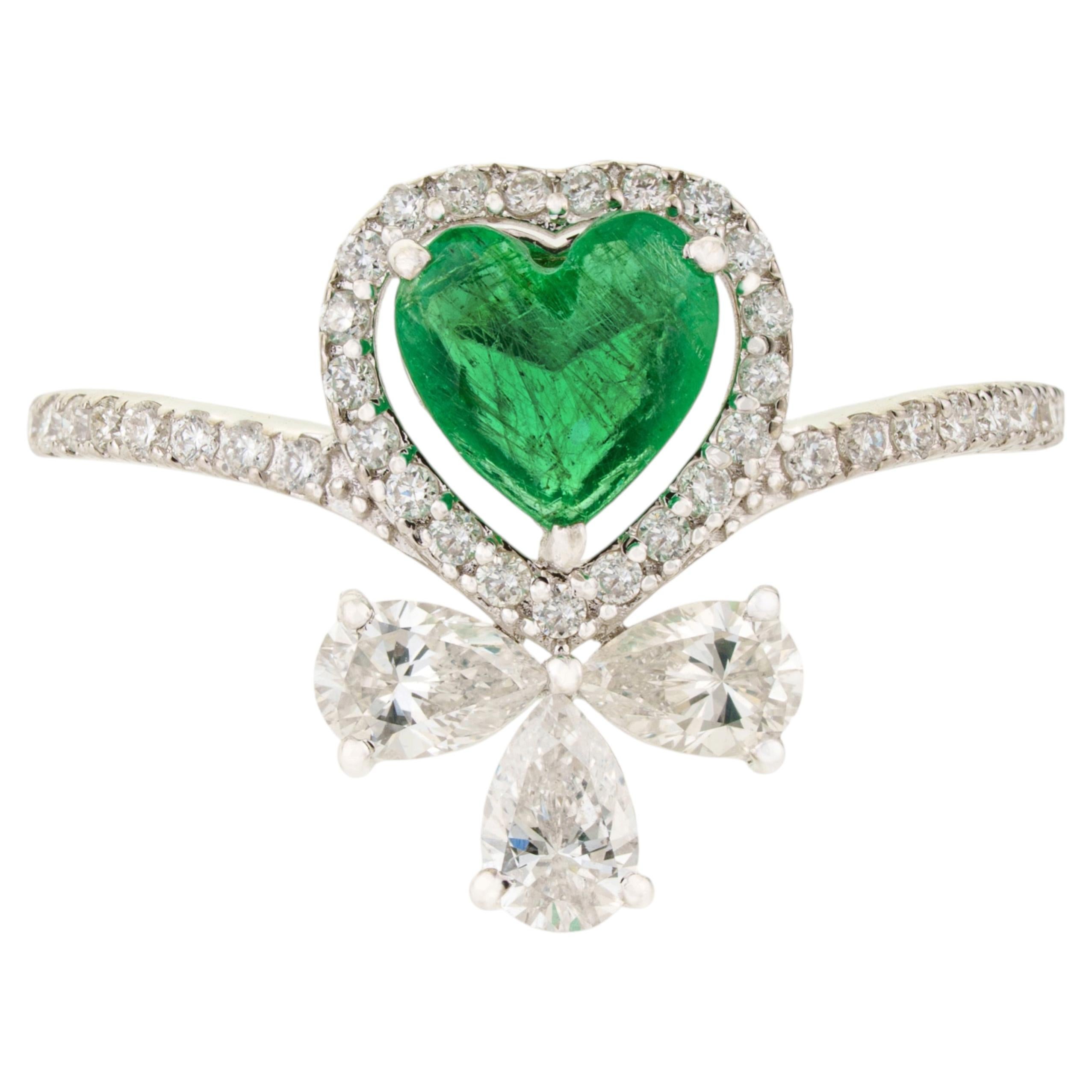 For Sale:  Romantic Heart Emerald and Diamond Statement Cocktail Ring in 18K White Gold