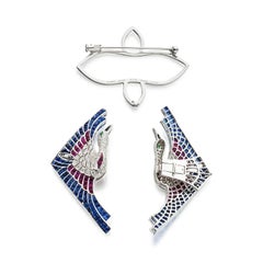 Romantic Herons Ruby Onyx Tsavorite Diamond Double Clip  Brooch