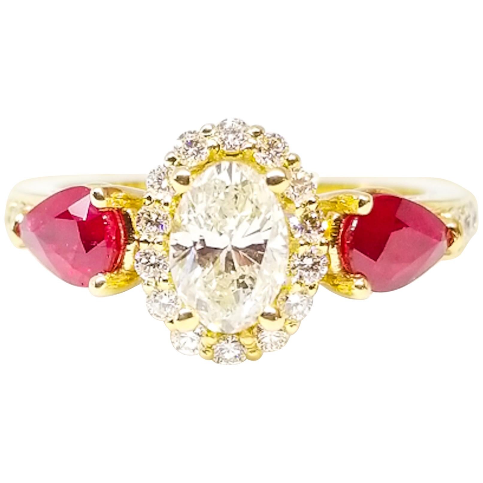 Bague de fiançailles romantique de vacances en or 18 carats avec diamants de 1,38 carat et rubis de 0,97 carat