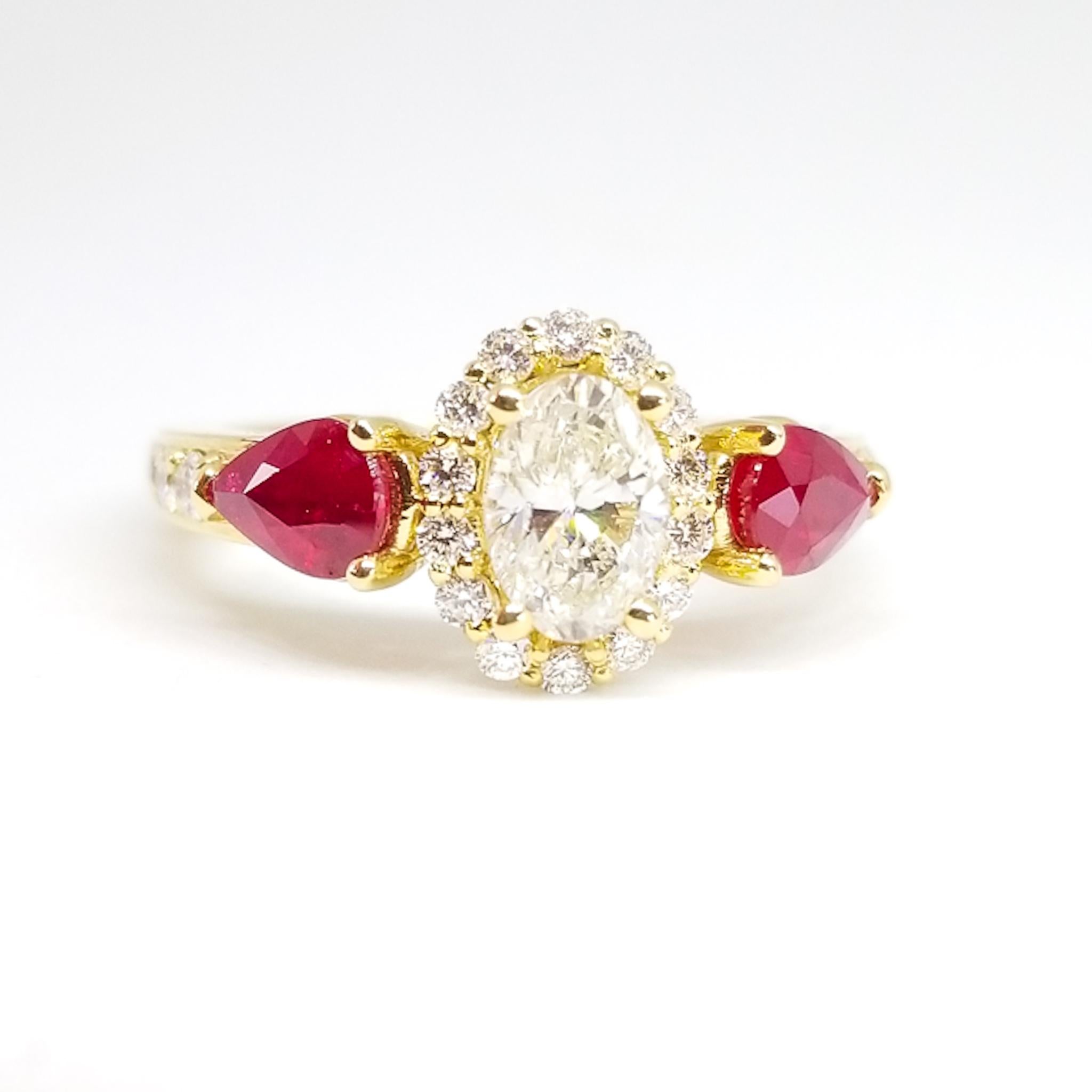 Taille ovale Bague de fiançailles romantique de vacances en or 18 carats avec diamants de 1,38 carat et rubis de 0,97 carat en vente