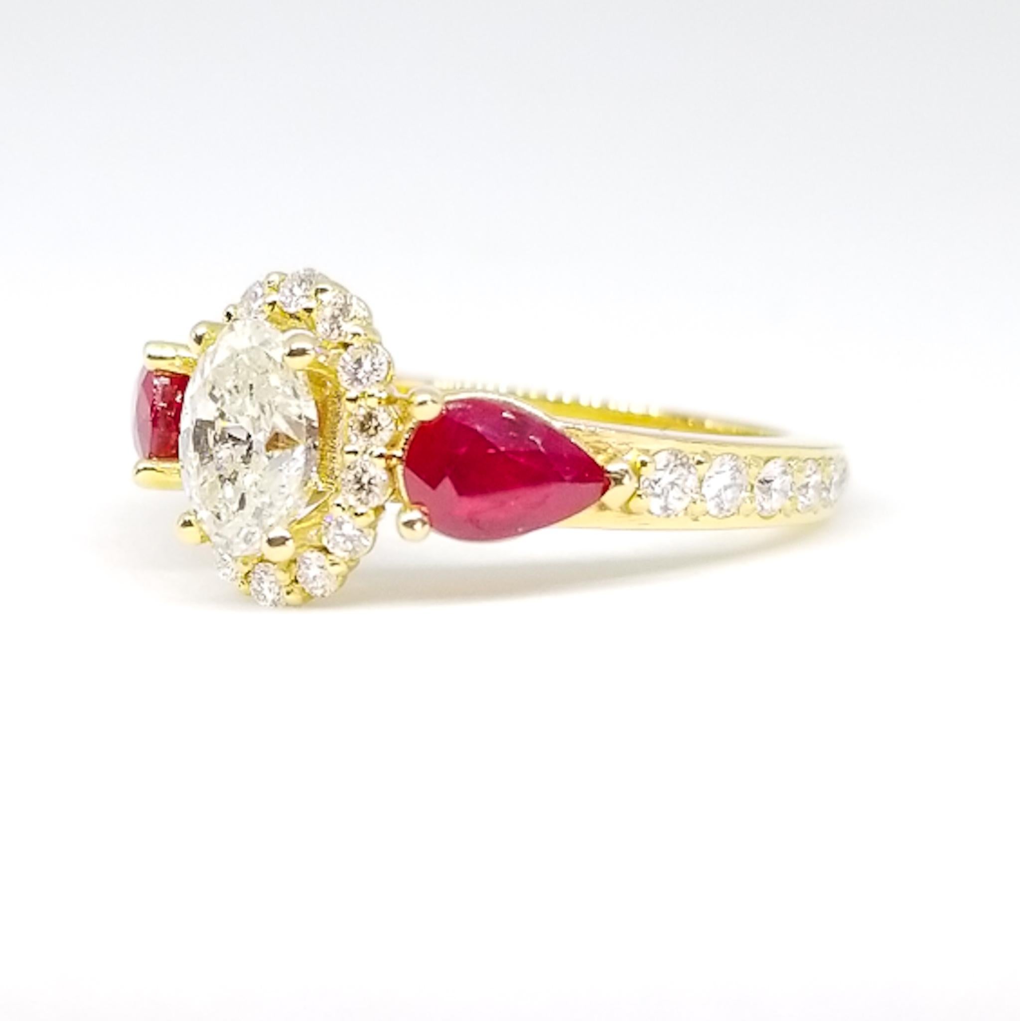 Contemporary Romantic Holiday Engagement 1.38 Carat Diamonds .97 Ruby 18 Karat Gold Ring For Sale