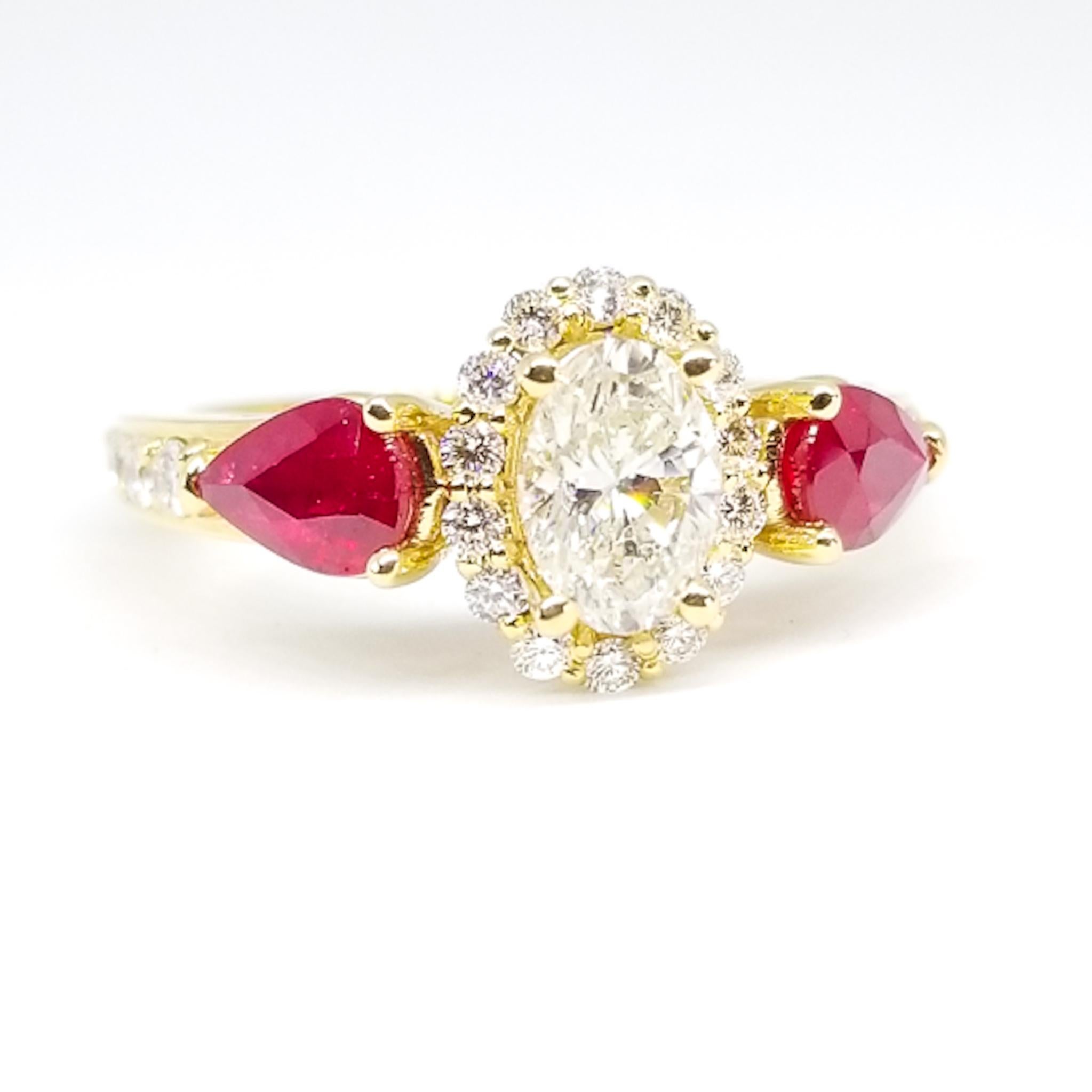Oval Cut Romantic Holiday Engagement 1.38 Carat Diamonds .97 Ruby 18 Karat Gold Ring For Sale