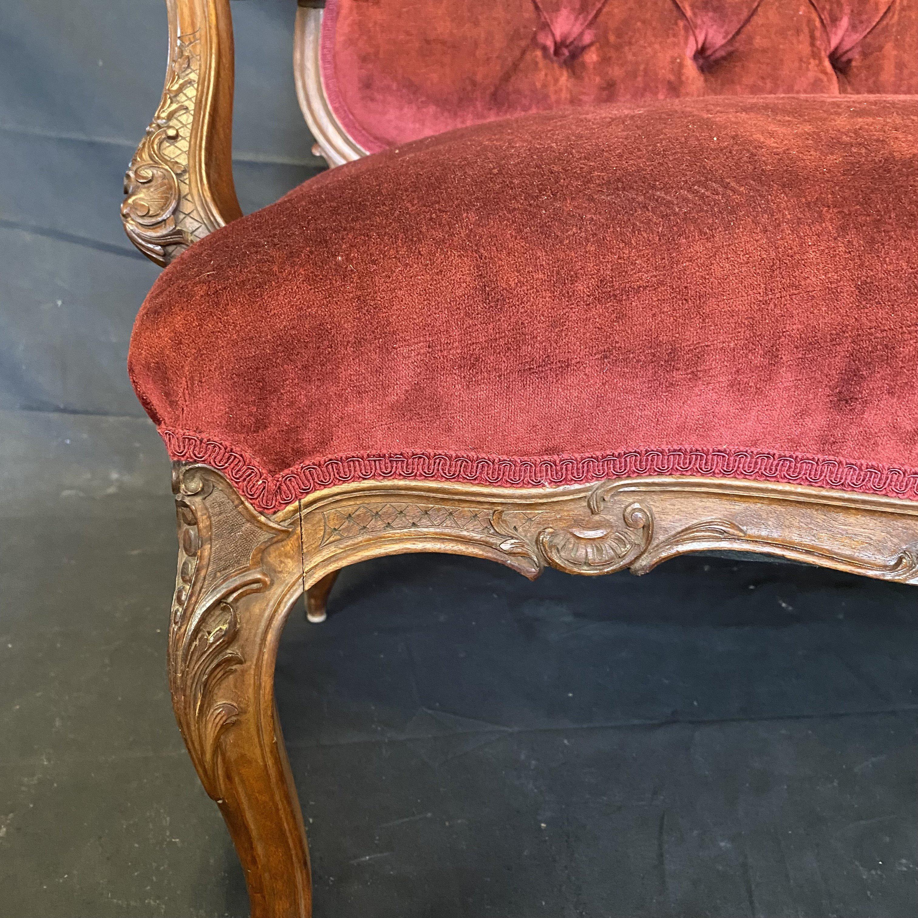 Romantic Intricately Carved French Louis XV Style Mohair Loveseat For Sale 3