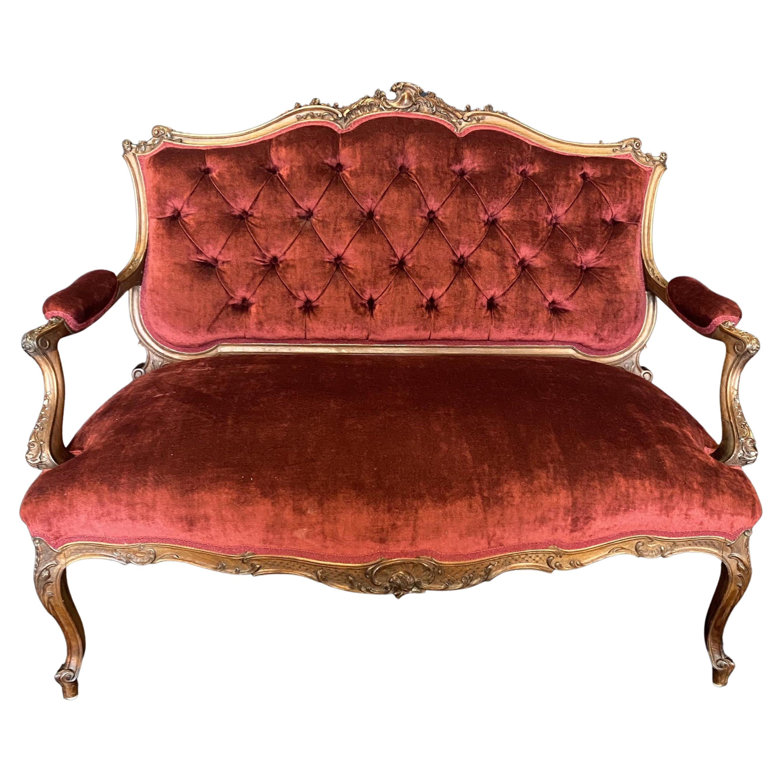 Romantic Intricately Carved French Louis XV Style Mohair Loveseat For Sale