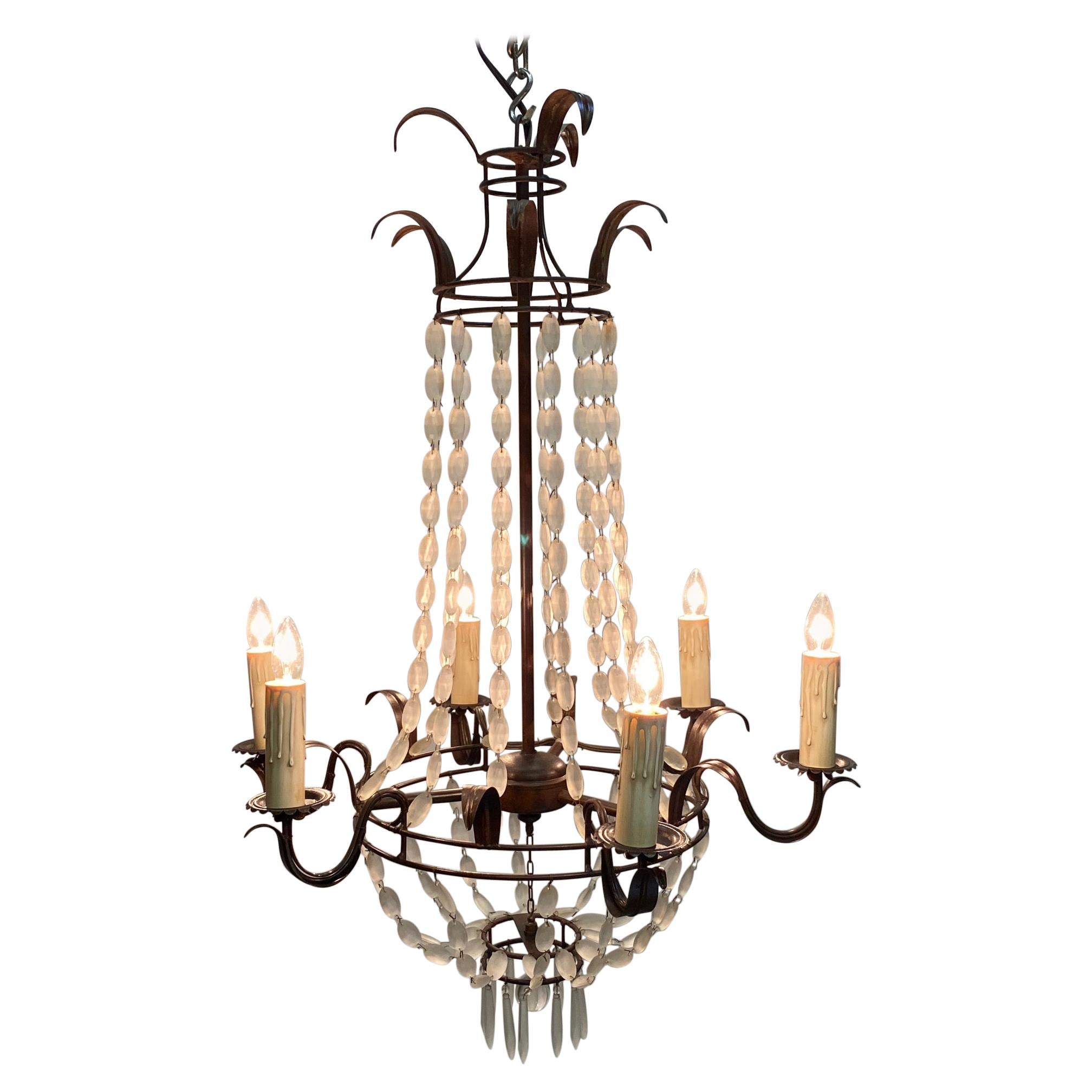 Romantic Italian Empire Style Iron and Frosted Glass Chandelier