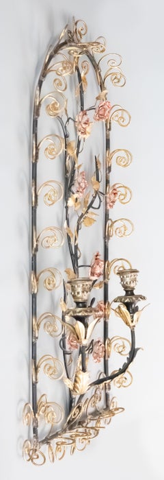 Romantic Italian Gilt Tole & Red Roses Candle Wall Sconce, circa 1950